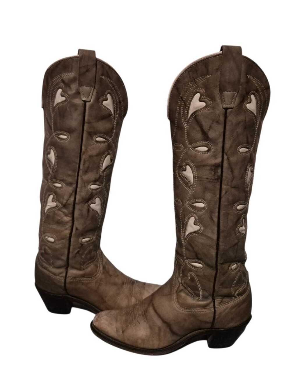 Vintage Wrangler Tall Leather White Heart Inlays Cowboy Western Boots Women's 6B